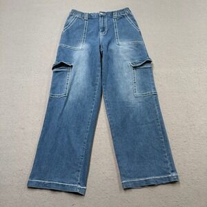Y2K Style Cargo Jeans Womens 27 Blue Wide Leg High Rise Baggy Utility Stretch